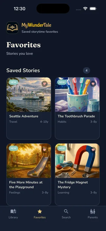 The Favorites tab with saved stories: Seattle Adventure, The Toothbrush Parade, Five More Minutes at the Playground and The Fridge Magnet Mystery.
