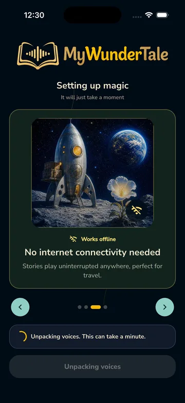 An app screen labeled Works offline: No internet connectivity needed. Stories play uninterrupted anywhere, perfect for travel.