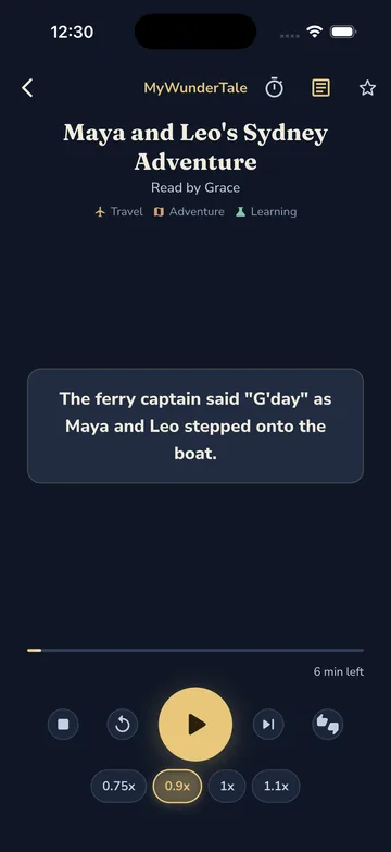 Read-along text in the player: The ferry captain said G'day as Maya and Leo stepped onto the boat.