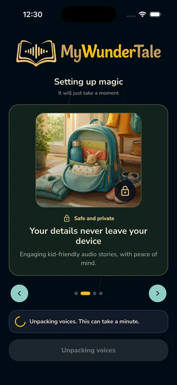 An app screen labeled Safe and private: Your details never leave your device.