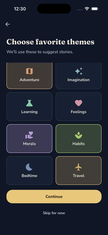 The Choose favorite themes screen with Adventure, Morals, Habits and Travel selected.